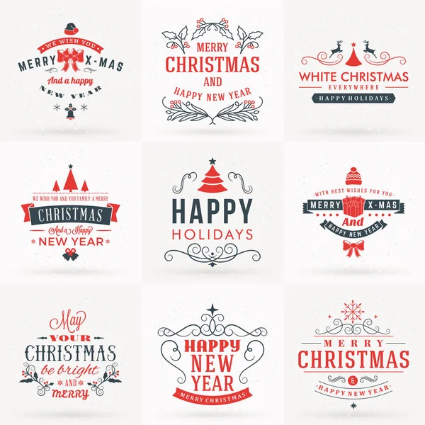 Set van vrolijke Kerstmis en gelukkig Nieuwjaar decoratieve Badges voor Greetings Cards of uitnodigingen. Vectorillustratie in rode en grijze kleuren — Stockvector