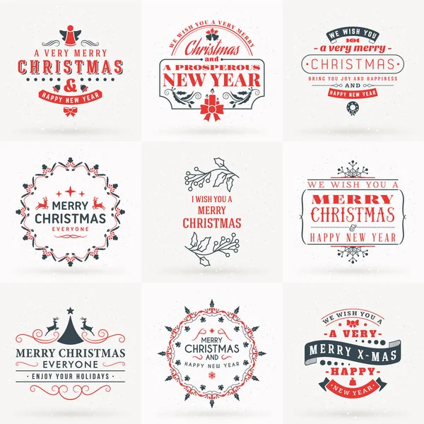 Uppsättning av god jul och gott nytt år dekorativa emblem för hälsningar kort eller inbjudningar. Vektor Illustration i färgerna röd och grå — Stock vektor
