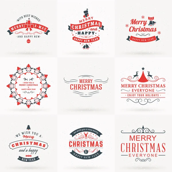 Set von frohen Weihnachten und ein glückliches neues Jahr dekorative Abzeichen für Grußkarten oder Einladungen. Vektorabbildung in roten und grauen Farben — Stockvektor