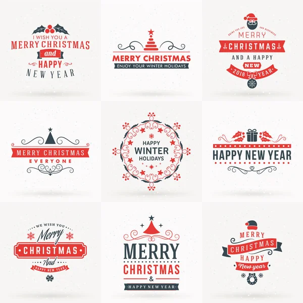 Ensemble d'insignes décoratifs joyeux Noël et bonne année pour cartes de vœux ou invitations. Illustration vectorielle en rouge et gris — Image vectorielle