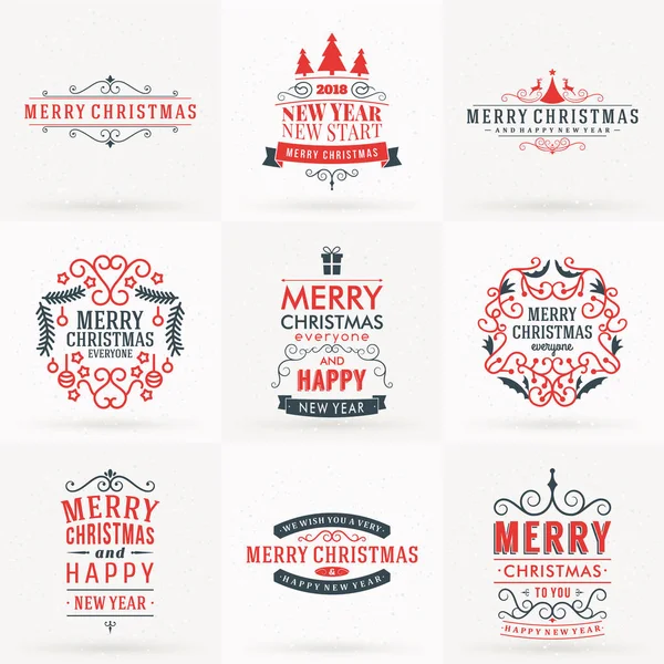 Set de Feliz Navidad y Feliz Año Nuevo Insignias Decorativas para Tarjetas de felicitación o Invitaciones. Ilustración vectorial en colores rojo y gris — Archivo Imágenes Vectoriales