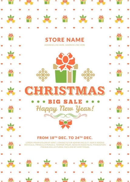 Vente de Noël poster design. Shopping de vacances. Offre de réduction. Badge vintage avec fond d'hiver — Image vectorielle