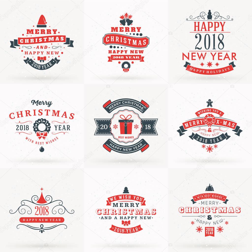 Set of Merry Christmas and Happy New 2018 Year Decorative Badges for Greetings Cards or Invitations. Vector Illustration in Red and Gray Colors