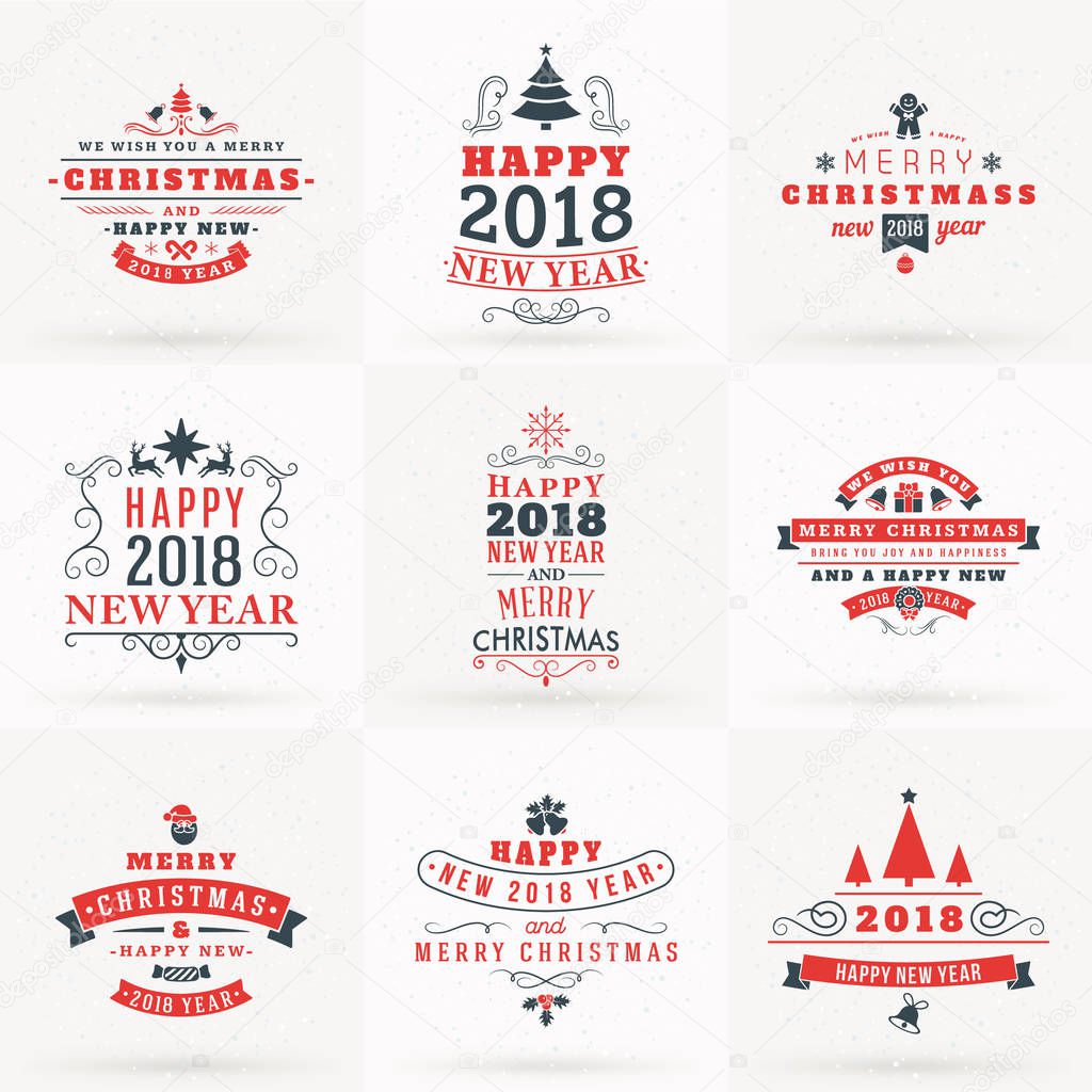 Set of Merry Christmas and Happy New 2018 Year Decorative Badges for Greetings Cards or Invitations. Vector Illustration in Red and Gray Colors