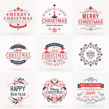 Neşeli Noel ve mutlu yeni yıl dekoratif rozetleri kümesi için tebrik kartları ve davetiyeler. Kırmızı ve gri renklerde vektör çizim