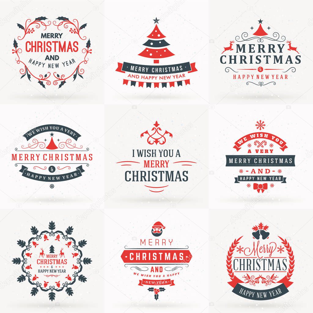 Set of Merry Christmas and Happy New Year Decorative Badges for Greetings Cards or Invitations. Vector Illustration in Red and Gray Colors