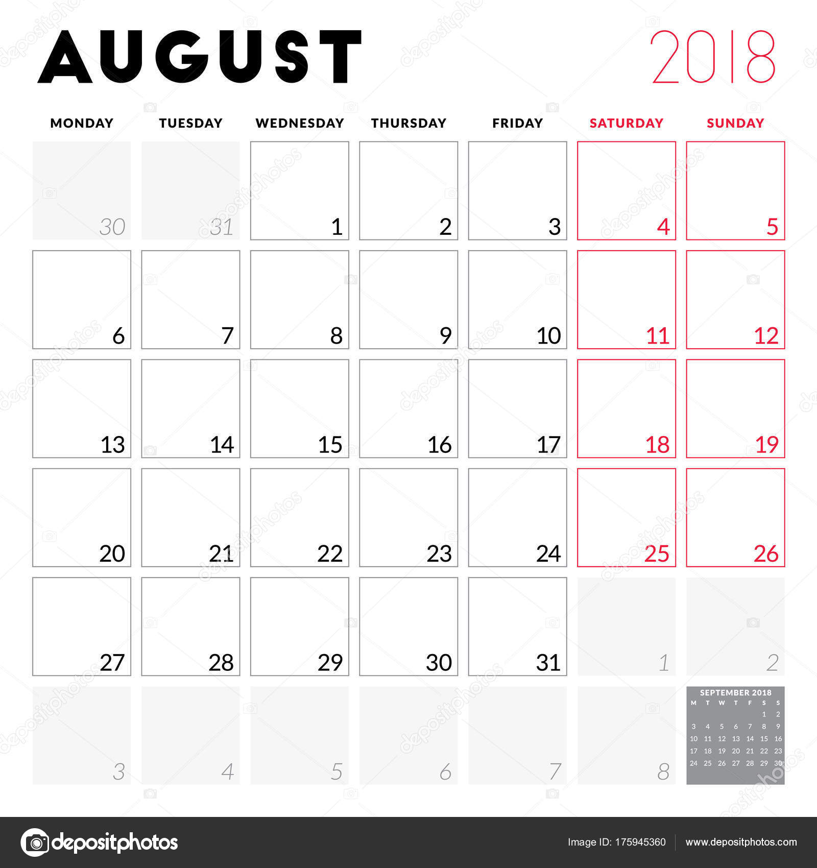 Calendar Planner For August 2018 Week Starts On Monday Printable Vector Design Template Stationery Design Stock Vector C Antartstock 175945360 august kalendarz