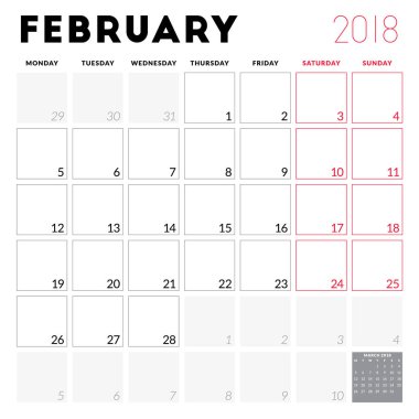 Şubat 2018 için takvim planlayıcısı. Hafta Pazartesi günü başlar. Yazdırılabilir vektör tasarım şablonu. İleti örneği tasarım