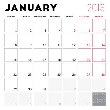 Takvim planlayıcısı Ocak 2018 için. Hafta Pazartesi günü başlar. Yazdırılabilir vektör tasarım şablonu. İleti örneği tasarım