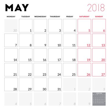 Mayıs 2018 için takvim planlayıcısı. Hafta Pazartesi günü başlar. Yazdırılabilir vektör tasarım şablonu. İleti örneği tasarım