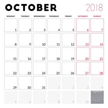 Ekim 2018 için takvim planlayıcısı. Hafta Pazartesi günü başlar. Yazdırılabilir vektör tasarım şablonu. İleti örneği tasarım