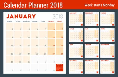 2018 yıl için takvim planlayıcısı. Hafta Pazartesi günü başlar. Yazdırılabilir vektör tasarım şablonu. İleti örneği tasarım