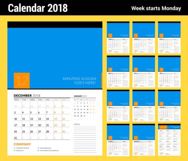 Duvar takvimi planlayıcısı şablonunu 2018 yıl için. 12 ay kümesi. Vektör tasarım yer için fotoğraf yazdırma şablonu. Hafta Pazartesi günü başlar