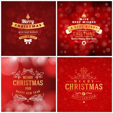 Noel altın ve tebrik kartı şablonlarını kırmızı kümesi. Vintage tipografik rozetleri, etiketleri. Noel kar taneleri arka plan. Vektör çizim