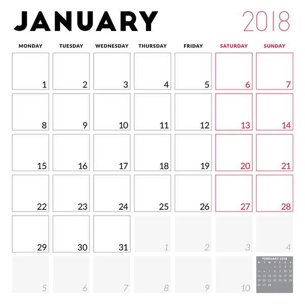 Planejador de calendário para janeiro de 2018. A semana começa na segunda. Modelo de design vetorial imprimível. Desenho de papelaria — Vetor de Stock