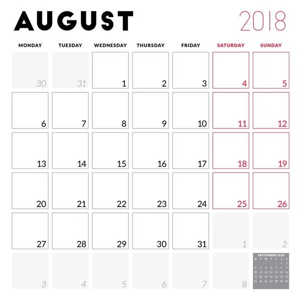 Planificador de calendario para agosto de 2018. La semana comienza el lunes. Plantilla de diseño vectorial imprimible. Diseño de papelería — Vector de stock
