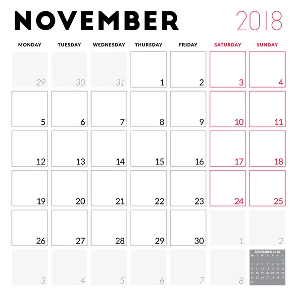 Planejador de calendário para novembro de 2018. A semana começa na segunda. Modelo de design vetorial imprimível. Desenho de papelaria —  Vetores de Stock