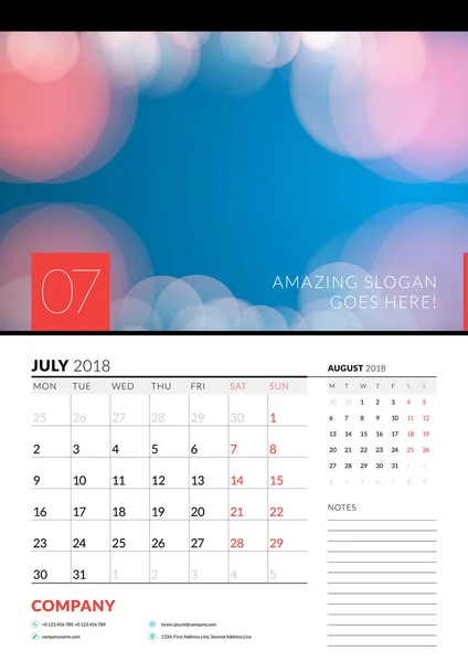 Wall calendar planner template for July 2018. Vector design print template with abstract background or place for photo. Week starts on Monday — Stock Vector