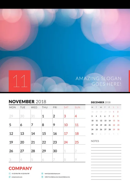 Wall calendar planner template for November 2018. Vector design print template with abstract background or place for photo. Week starts on Monday — Stock Vector
