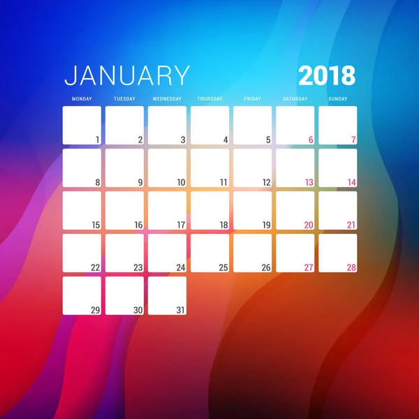 Januari 2018. Planerare design kalendermall med abstrakt bakgrund. Veckan börjar på måndag — Stock vektor