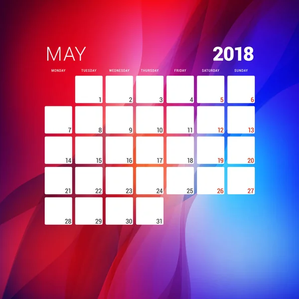 Mei 2018. Kalender planner ontwerpsjabloon met abstracte achtergrond. Week begint op maandag — Stockvector
