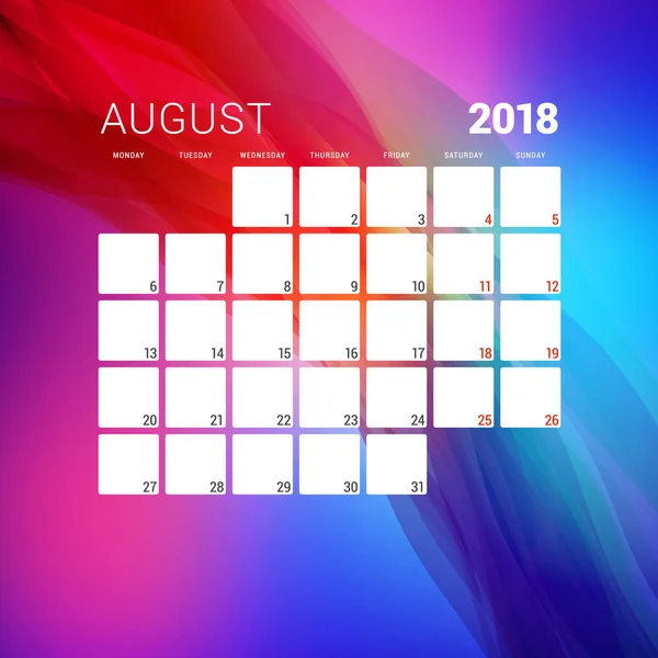 August 2018. kalenderplaner design-vorlage mit abstraktem hintergrund. Woche beginnt am Montag — Stockvektor