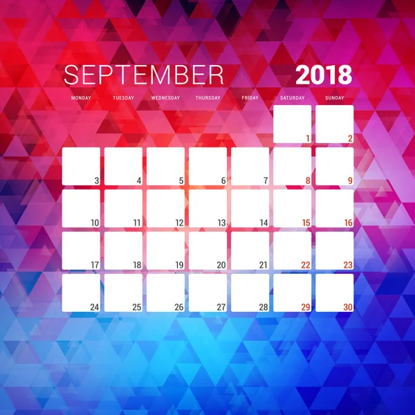 Сентябрь 2018 года. Шаблон проектирования календаря с абстрактным фоном. В понедельник начинается неделя — стоковый вектор