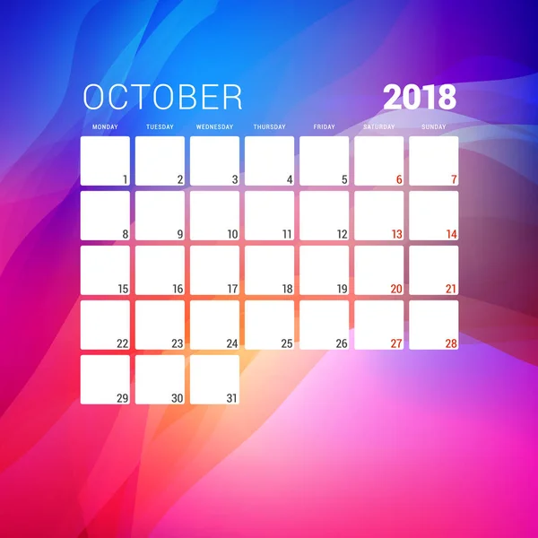 Octubre de 2018. Plantilla de diseño de planificador de calendario con fondo abstracto. La semana comienza el lunes — Vector de stock