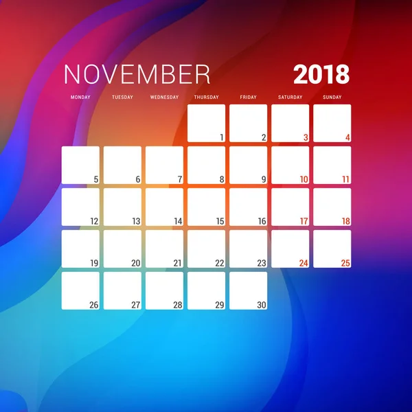 Noviembre de 2018. Plantilla de diseño de planificador de calendario con fondo abstracto. La semana comienza el lunes — Vector de stock