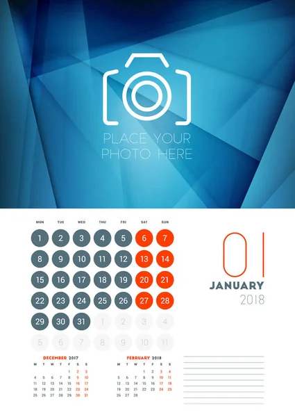 Vägg kalendermall för januari 2018. Vektor design Skriv ut mallen med abstrakt bakgrund eller plats för foto. Veckan börjar på måndag — Stock vektor