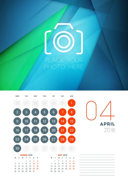 Wall calendar template for April 2018. Vector design print template with abstract background or place for photo. Week starts on Monday — Stock Vector