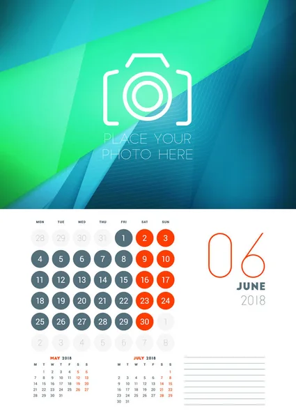 Nástěnné kalendáře šablona pro červen 2018. Vektorová design vytisknout šablonu s pozadí abstraktní nebo umístit fotografii. Týden začíná v pondělí — Stockový vektor