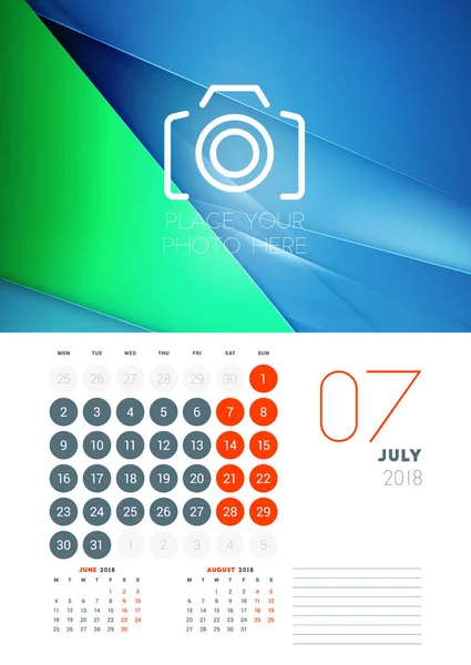 Nástěnné kalendáře šablona pro července 2018. Vektorová design vytisknout šablonu s pozadí abstraktní nebo umístit fotografii. Týden začíná v pondělí — Stockový vektor