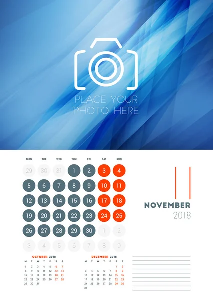 Modèle de calendrier mural pour novembre 2018. Modèle d'impression vectoriel avec fond abstrait ou endroit pour la photo. La semaine commence le lundi — Image vectorielle