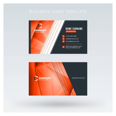Yaratıcı ve temiz çift taraflı kartvizit vektör arka plan şablonu. Kırmızı ve siyah renk teması. Düz tasarım vektör mockup. İleti örneği tasarım