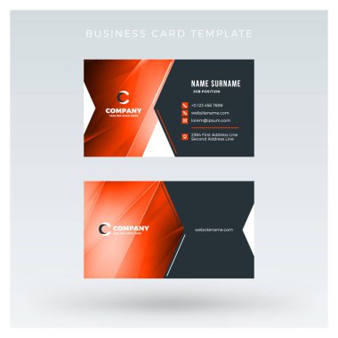 Yaratıcı ve temiz çift taraflı kartvizit vektör arka plan şablonu. Kırmızı ve siyah renk teması. Düz tasarım vektör mockup. İleti örneği tasarım