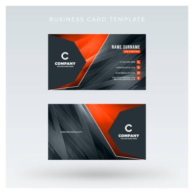 Yaratıcı ve temiz çift taraflı kartvizit vektör arka plan şablonu. Kırmızı ve siyah renk teması. Düz tasarım vektör mockup. İleti örneği tasarım