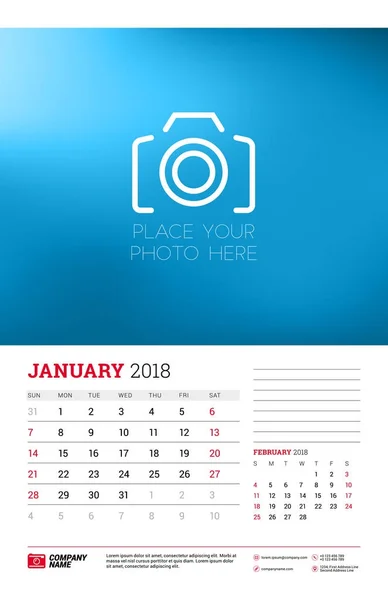 Plantilla de planificador de calendario de pared para 2018 año. Enero, febrero. Plantilla de impresión de diseño vectorial con lugar para la foto. La semana comienza el domingo — Vector de stock