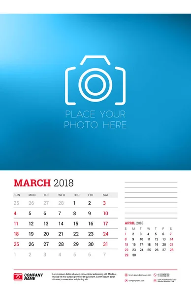 Wandkalender-Planer-Vorlage für das Jahr 2018. März, April. Vektor Design Druckvorlage mit Platz für Foto. Woche beginnt am Sonntag — Stockvektor