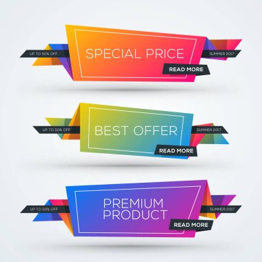 Satılık web afiş kümesi. Alışveriş Etiketler. İndirim ve promosyon renkli origami çıkartmaları. Vektör çizim
