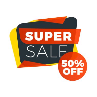 Satılık bunner şablonu. Terfin için vektör tasarım öğesi. Kırmızı, sarı ve siyah renk teması. Yuvarlak konuşma balonu