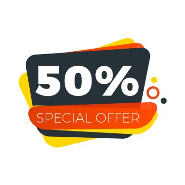 Satılık bunner şablonu. Terfin için vektör tasarım öğesi. Kırmızı, sarı ve siyah renk teması. Yuvarlak konuşma balonu