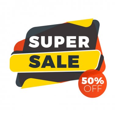 Satılık bunner şablonu. Terfin için vektör tasarım öğesi. Kırmızı, sarı ve siyah renk teması. Yuvarlak konuşma balonu