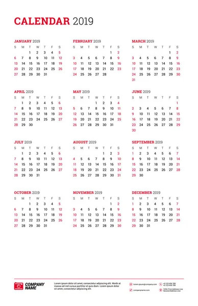 Afiche del calendario vectorial Tamaño del tabloide para 2019 Año. La semana comienza el domingo. Plantilla de diseño de papelería — Vector de stock
