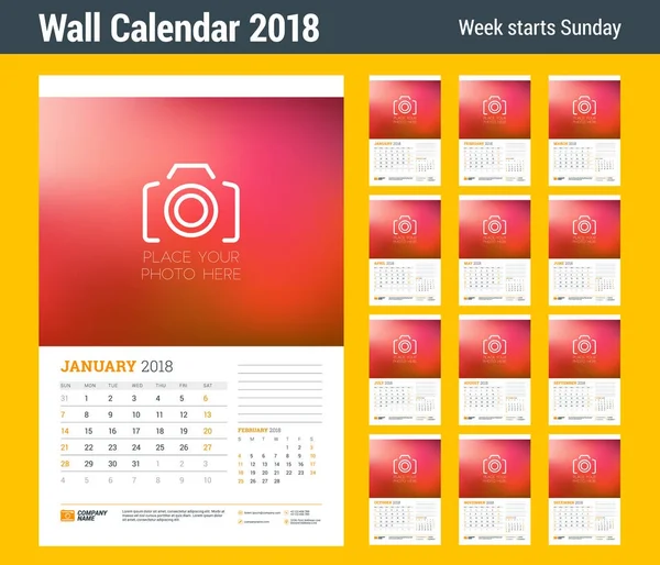 Wandkalender-Planer-Vorlage für das Jahr 2018. Satz von 12 Monaten. Vektor Design Druckvorlage mit Platz für Foto. Woche beginnt am Sonntag — Stockvektor