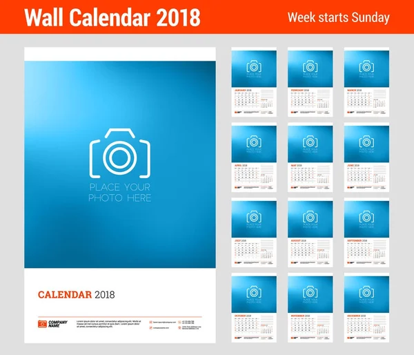 Plantilla de planificador de calendario de pared para 2018 año. Conjunto de 12 meses. Plantilla de impresión de diseño vectorial con lugar para la foto. La semana comienza el domingo — Vector de stock