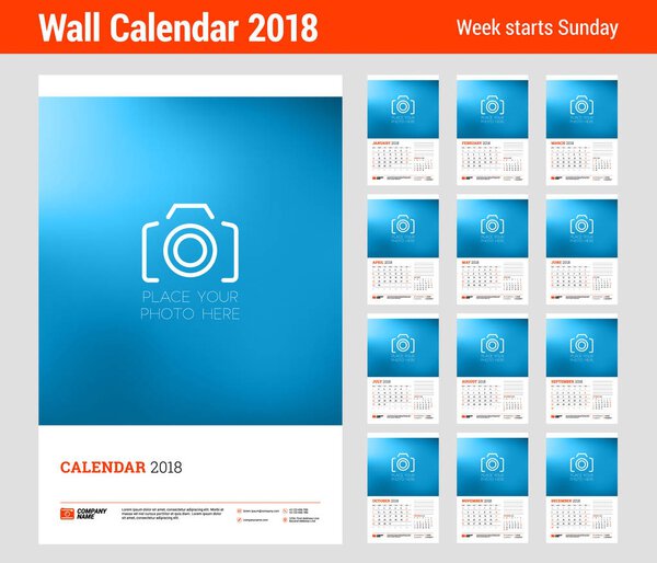 Шаблон планировщика календаря на 2018 год. Набор из 12 месяцев. Векторный дизайн печати шаблон с местом для фото. Неделя начинается в воскресенье

