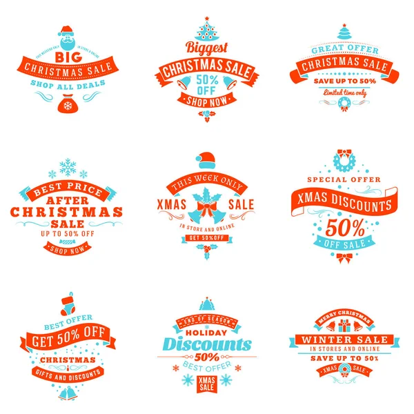 Verzameling van Kerstmis verkoop vintage badges. Typografische vector designelementen voor promotiekorting banner, Vakantiewoningen winkelen — Stockvector