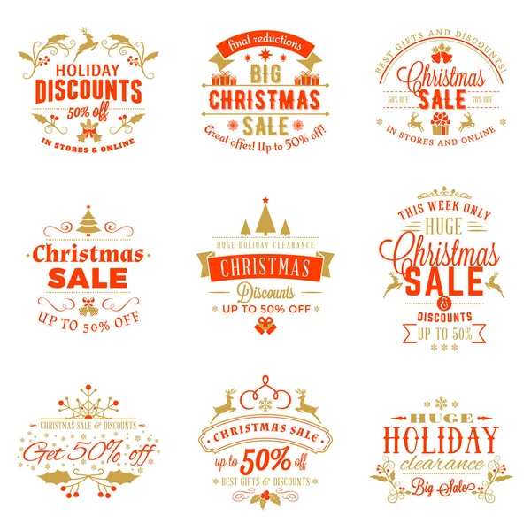 Set von Weihnachtsverkauf Vintage-Abzeichen. typografische Vektorgestaltungselemente für Werbebanner, Weihnachtseinkäufe — Stockvektor