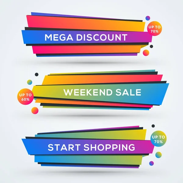 Conjunto de banners web de venta. Etiquetas de compras. Descuento y pegatinas coloridas promocionales. Ilustración vectorial — Vector de stock